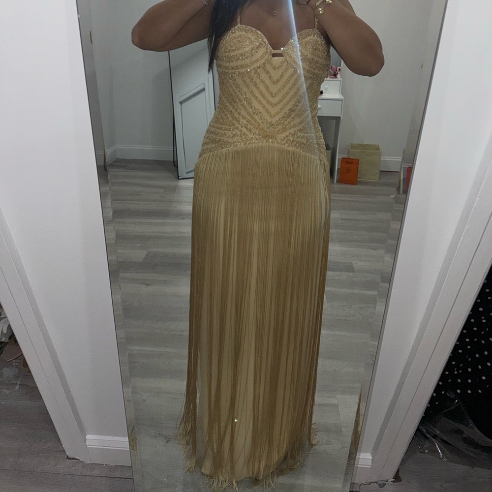 REVOLVE Gold Beaded Fringe Maxi Dress